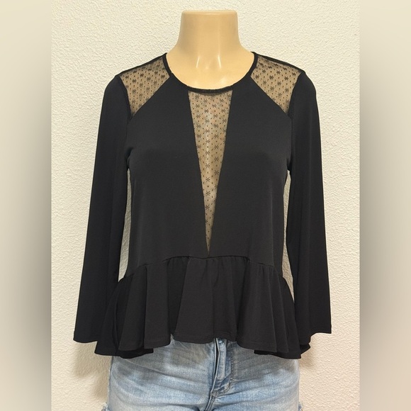 BCBGeneration Black Sheer Lace Peplum Blouse - Picture 1 of 4